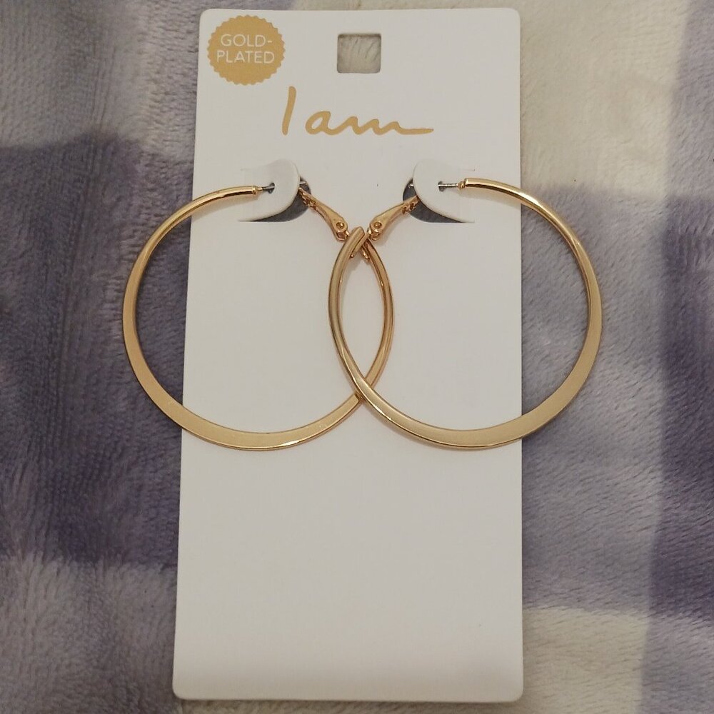 I Am Fashion Jewelry Gold Plated Large Flat Classic Round Hoop Earrings